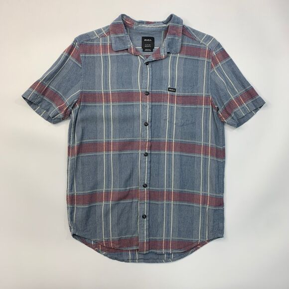 RVCA Shirt Mens Small Cadet Blue Linen Blend Pepperland Plaid Regular Fit Pocket - Picture 2 of 10
